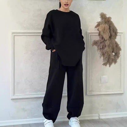 Women’s Lounge Set – Cotton Blend – Oversized Fit – Crew Neck – Wide Leg Trousers