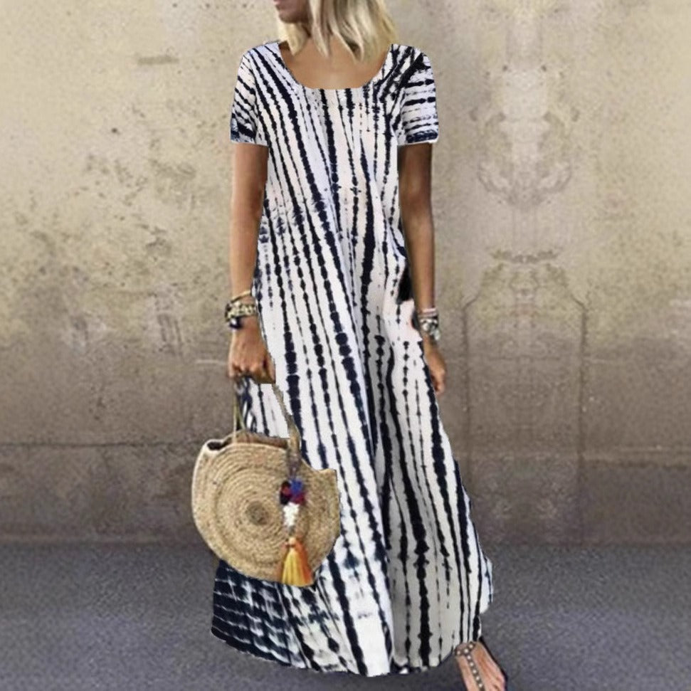 Women’s Maxi Dress – Tie-Dye Print – Loose Fit – Short Sleeve – Soft Cotton Feel