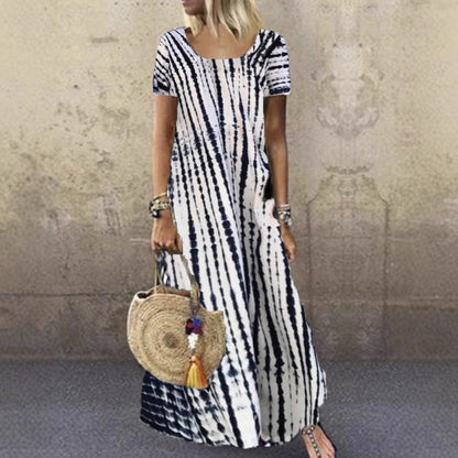 Women’s Maxi Dress – Tie-Dye Print – Loose Fit – Short Sleeve – Soft Cotton Feel