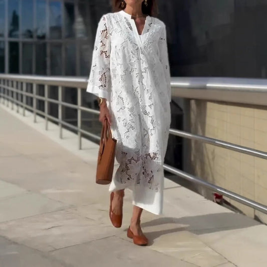 Women’s Lace Dress – Relaxed Fit – Full Length – V-Neck – Long Sleeve Elegant Style