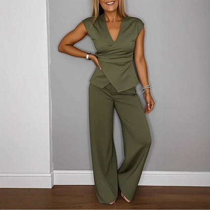 Women’s Two-Piece Set – V-Neck Wrap Top – Sleeveless Fitted – High-Waist Wide-Leg Trousers