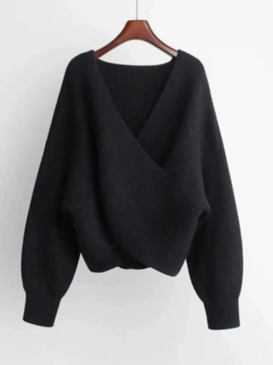 Women’s Oversized Sweatshirt – Knitted Ribbed Texture – V-Neck – Balloon Sleeves