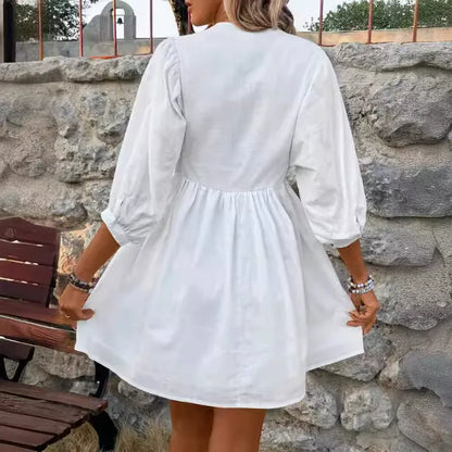 Women’s Knee-Length Dress – Cotton Blend – A-Line Fit – Lace Front – Puff Sleeve – High Neck