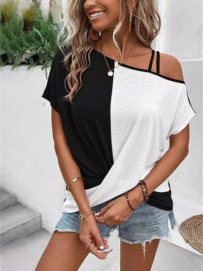 Women’s T-shirt – Relaxed Fit – Off Shoulder with Straps – Cotton – Colorblock Design