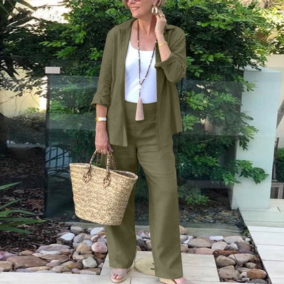Women’s Two-Piece Set – Linen Blend – Relaxed Fit – Open Shirt & Wide-Leg Trousers