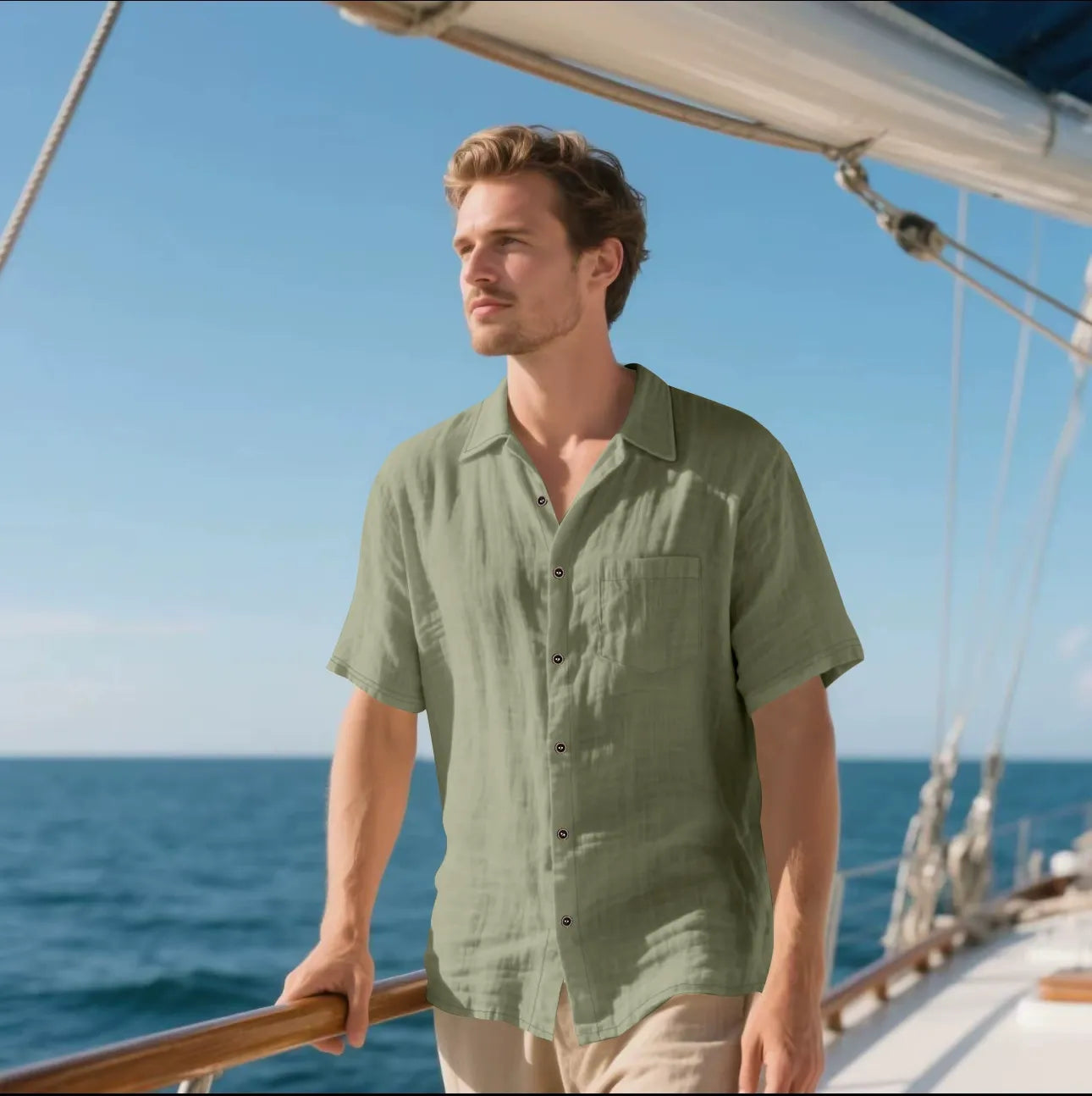 Men’s Button-Up Shirt – Linen – Relaxed Fit – Short Sleeve – Casual Wear