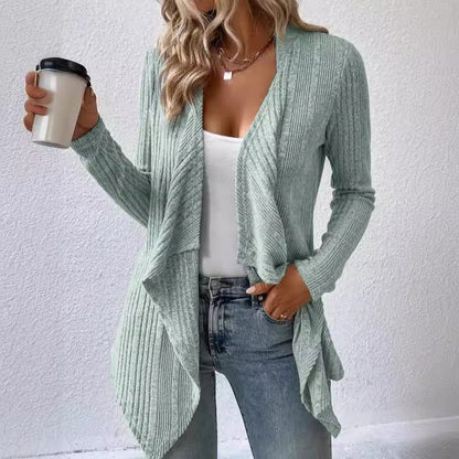 Women’s Cardigan – Wool Blend – Relaxed Fit – Ribbed Knit – Open Front Draped Style