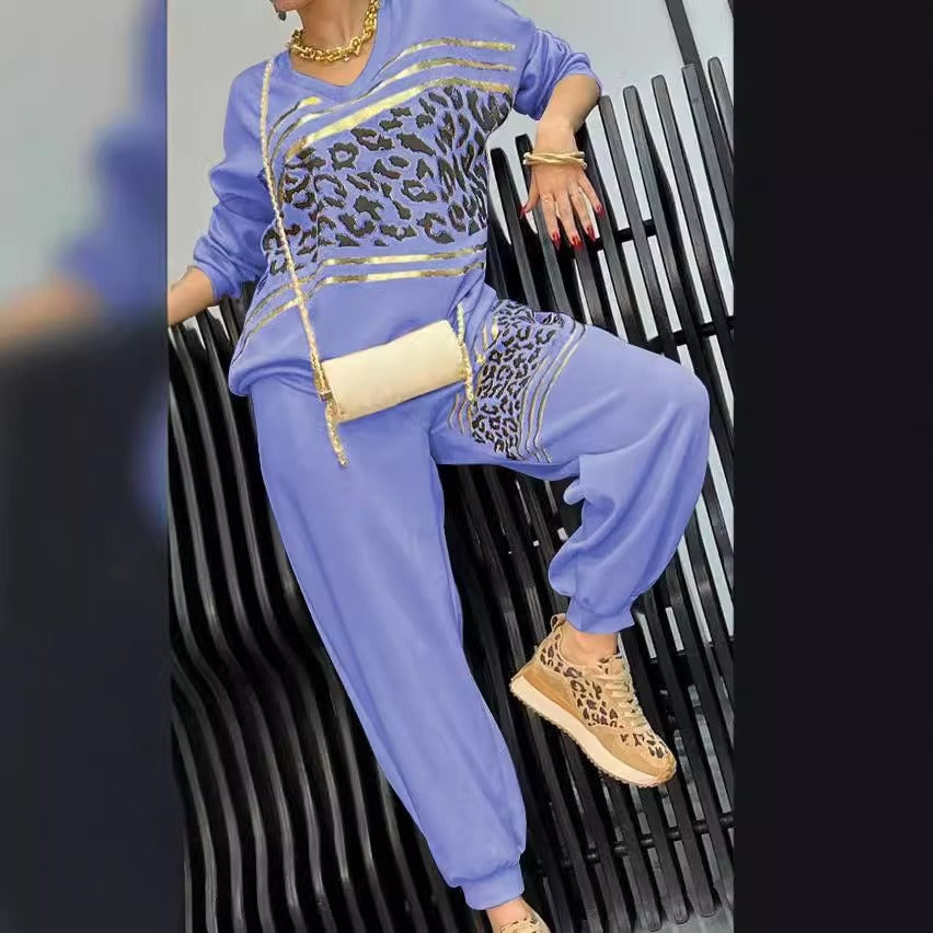 Women’s Sweatshirt and Pants Set – Relaxed Fit – Leopard Print – Cotton Blend – V-Neck