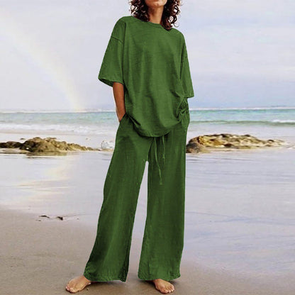Women’s Two-Piece Set – Relaxed Fit Cotton Blend – O-Neck Top – Wide-Leg Trousers with Pockets