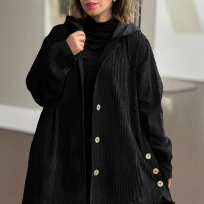 Women’s Hooded Jacket – Corduroy – Loose Fit – Button Front – Mid-Thigh Length