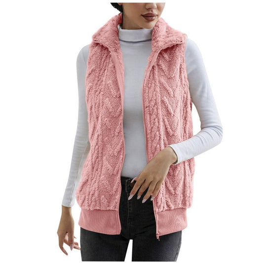 Women’s Sleeveless Vest – Jacquard Fleece – Zip Front – High Collar – Relaxed Fit