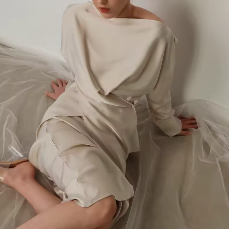 Women’s Skirt Set – Draped Off-Shoulder Top – Midi Straight Skirt – Silky Feel