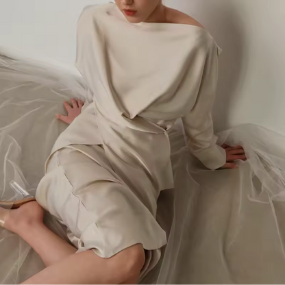 Women’s Skirt Set – Draped Off-Shoulder Top – Midi Straight Skirt – Silky Feel
