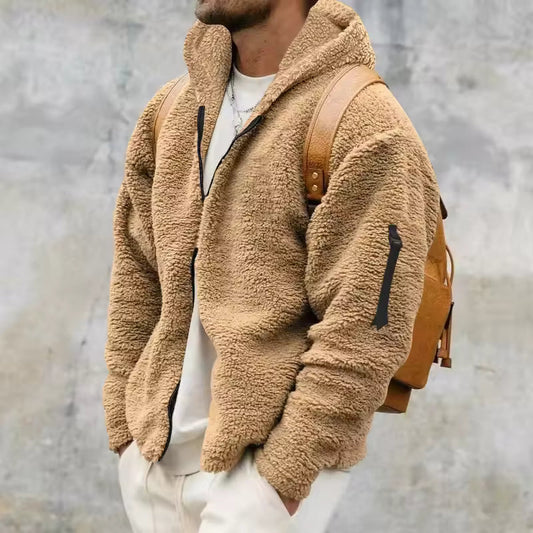 Men’s Fleece Coat – Oversized Fit – Hooded – Soft Texture – Zip Front – Arm Pockets