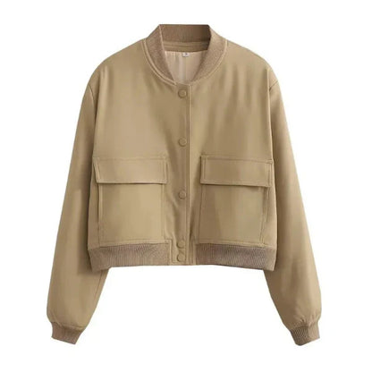 Women’s Bomber Jacket – Relaxed Fit – Cropped Length – Button Front – Flap Pockets