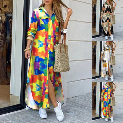 Women’s Maxi Dress – Relaxed Fit – Cotton Feel – Geometric Print – Button Front – Chest Pockets