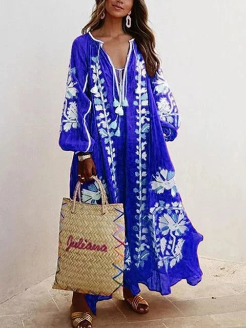 Women’s Kaftan Dress – Floral Embroidered – Relaxed Fit – Cotton Feel – Full Length