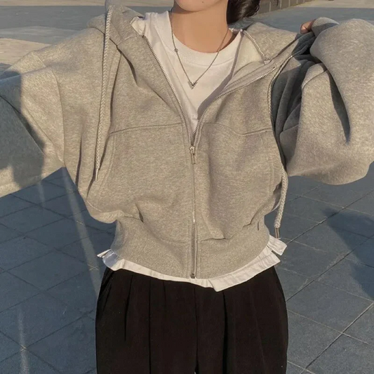 Women’s Cropped Zip-Up Hoodie – Oversized Fit – Cotton Blend – Drawstring and Pockets