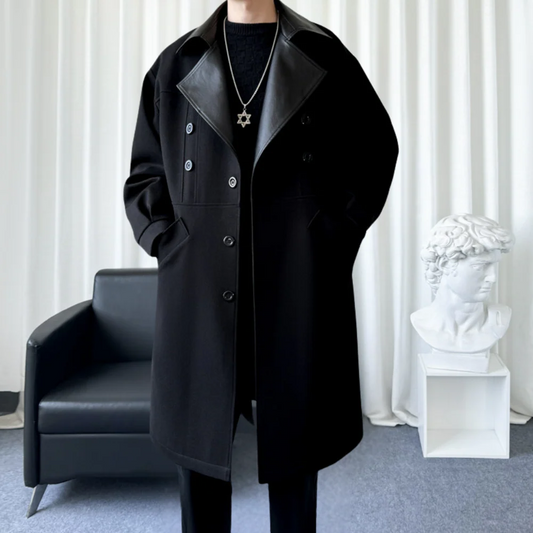 Men’s Long Coat – Wool Blend – Relaxed Fit – Notch Lapel – Contrasting Collar
