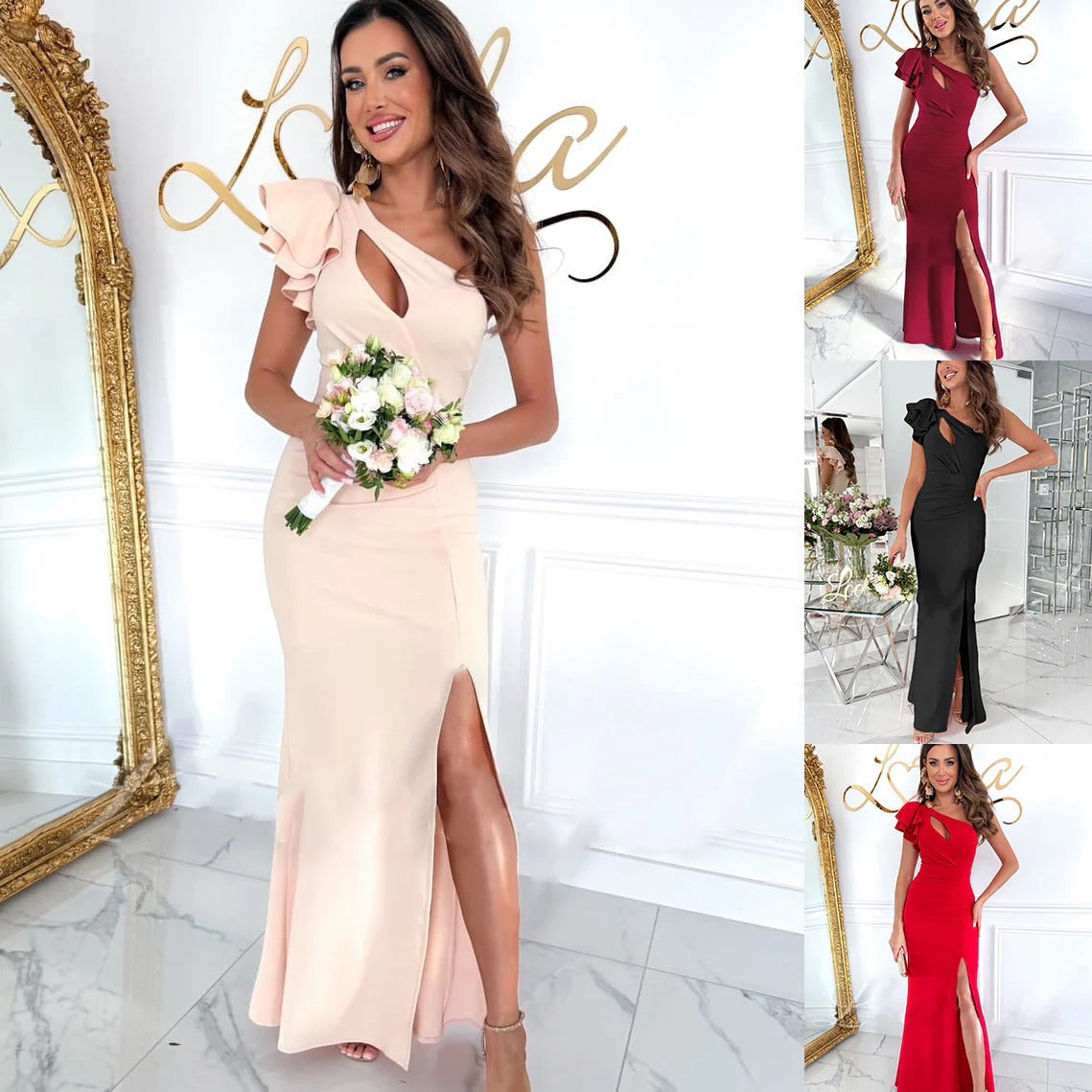 Women’s Evening Gown – Slim Fit – Satin Feel – Asymmetrical Neckline – Ruffle and Slit