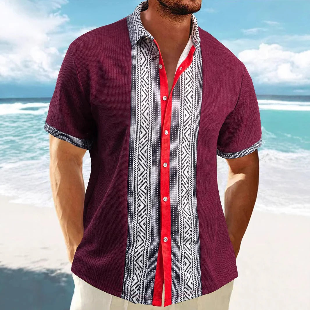 Men’s Short Sleeve Shirt – Relaxed Fit – Ethnic Print – Cotton – Button Down