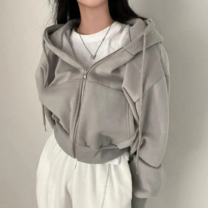 Women’s Cropped Zip-Up Hoodie – Oversized Fit – Cotton Blend – Drawstring and Pockets