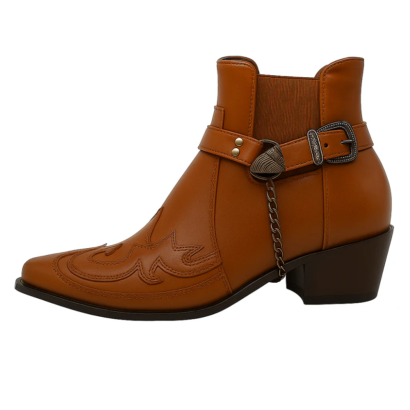 Men’s Cowboy Boots – Leather Slip-On – Pointed Toe – Harness Chain – Ankle High