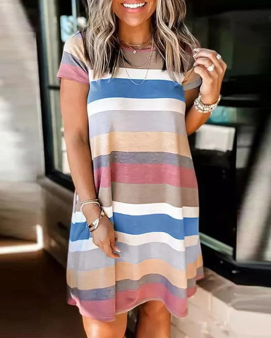 Women’s Casual Dress – Soft Knit – Relaxed Fit – Short Sleeve – Crew Neck – Knee Length