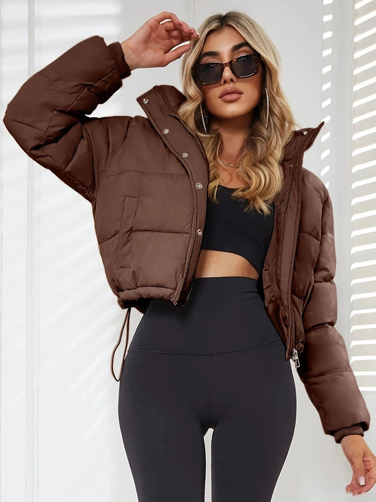 Women’s Puffer Jacket – Cropped Oversized Fit – Quilted Hooded with Drawstring Hem
