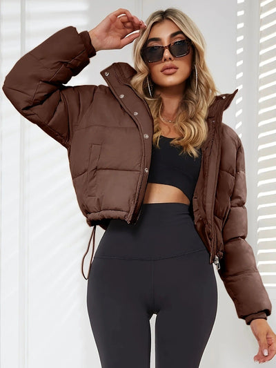 Women’s Puffer Jacket – Cropped Oversized Fit – Quilted Hooded with Drawstring Hem