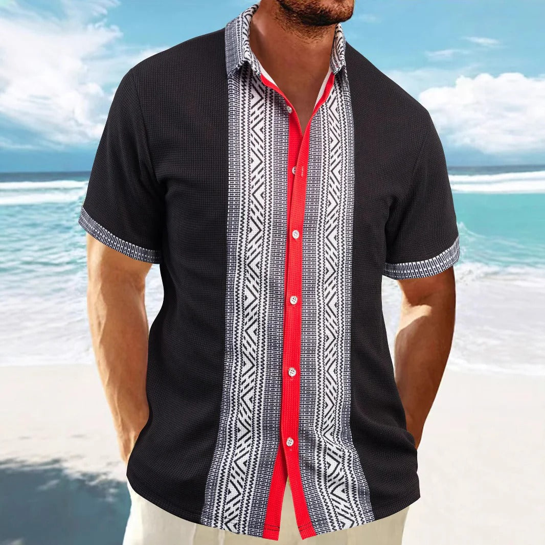 Men’s Short Sleeve Shirt – Relaxed Fit – Ethnic Print – Cotton – Button Down