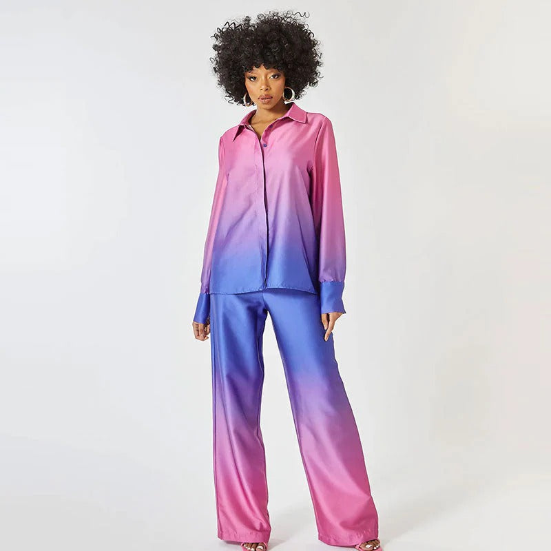 Women’s Two-Piece Set – Satin – Relaxed Fit – Belted Waist – Wide Leg – Long Sleeve