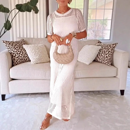 Women’s Maxi Dress – Mesh Overlay – Straight Fit – Short Sleeve Elegant Design
