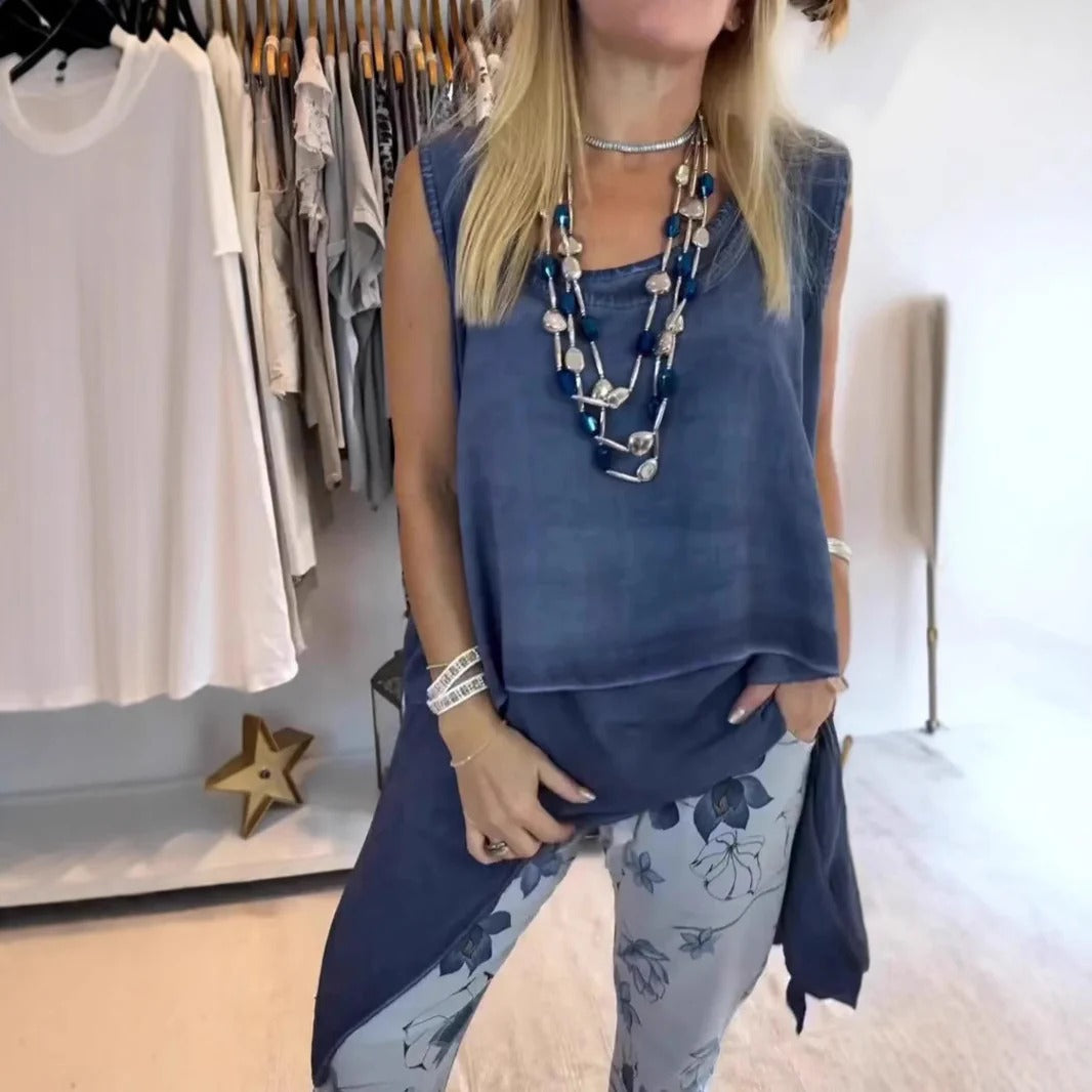 Women’s Sleeveless Top – Relaxed Fit – Breathable Cotton Blend – Asymmetric Hem
