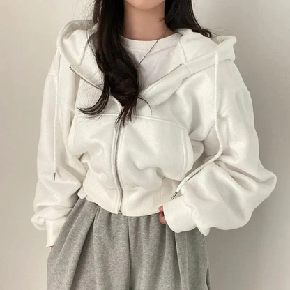 Women’s Cropped Zip-Up Hoodie – Oversized Fit – Cotton Blend – Drawstring and Pockets