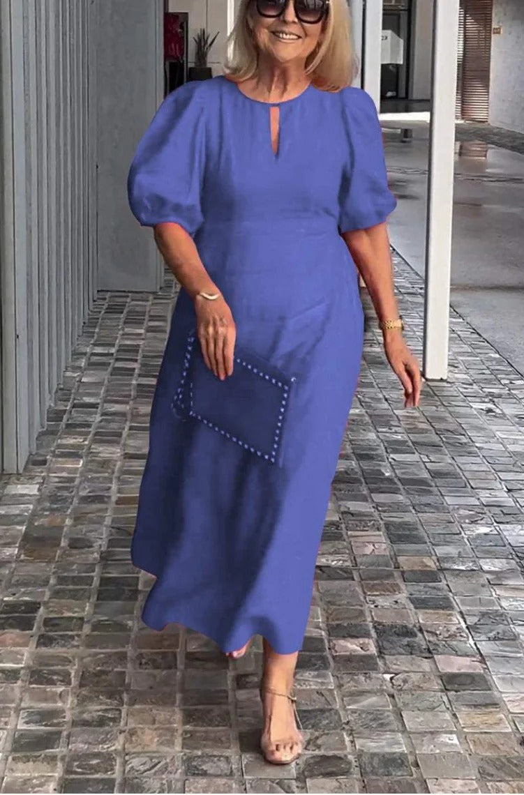 Women’s Maxi Dress – Flowing Fit – Puff Sleeves – Lightweight Draped Fabric – Keyhole Neck