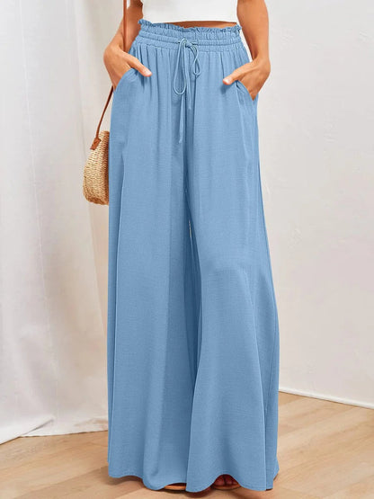 Women’s Relaxed Fit Pants – Wide Leg – Pleated Cotton Blend – Elastic Drawstring Waist