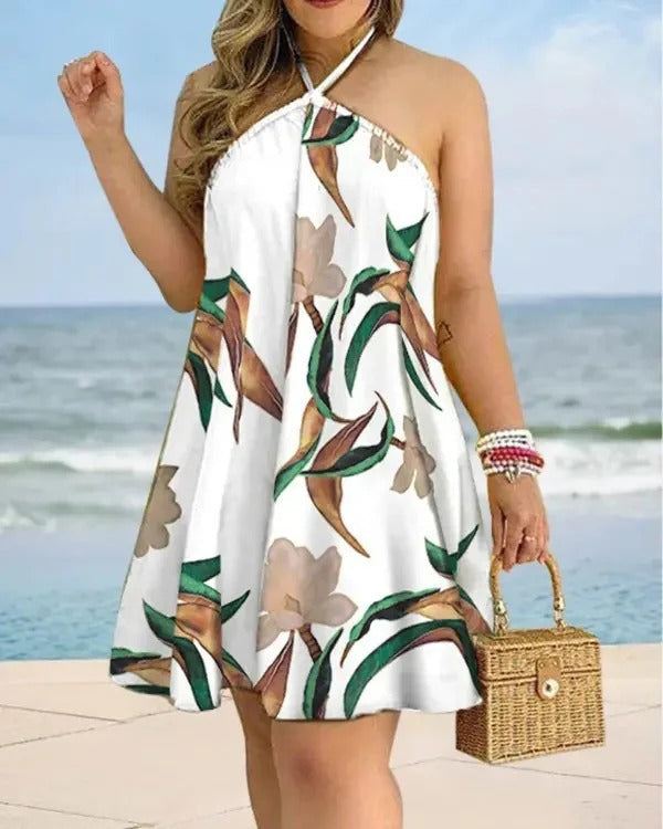 Women’s Halter Mini Dress – Floral Print – A-Line Fit – Cotton