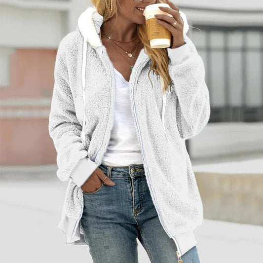 Women’s Hooded Coat – Teddy Fleece – Oversized Fit – Zip Front – Ribbed Cuffs