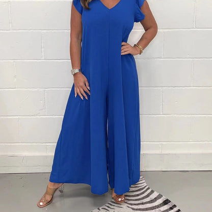 Women’s Overalls – Wide Leg Fit – Ruffled Shoulder – V-Neck – Breathable Fabric