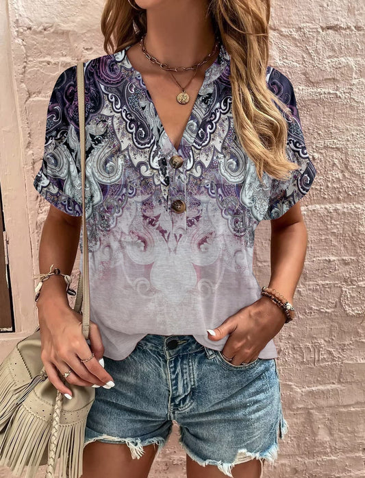 Women’s Shirt – Relaxed Fit – Short Sleeve – V-Neck – Floral Pattern – Soft Blend