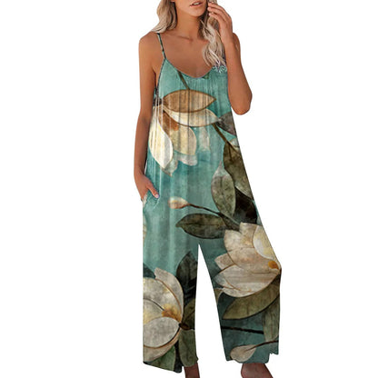 Women’s Jumpsuit – Relaxed Fit – Wide Leg – Spaghetti Straps – Cotton Feel – Casual