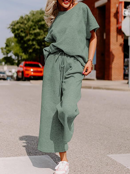 Women’s Two-Piece Set – Soft Knit – Relaxed Fit – Short Sleeve Top and Wide-Leg Trousers