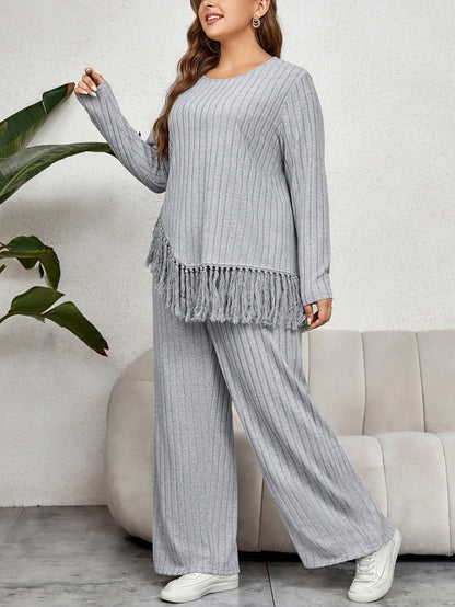 Women’s Lounge Set – Knitted Ribbed – Oversized Fringe Hem Top – Wide Leg Trousers