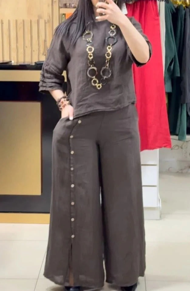 Women’s Two-Piece Set – Linen – Relaxed Fit Top – Wide-Leg Trousers with Button Detail