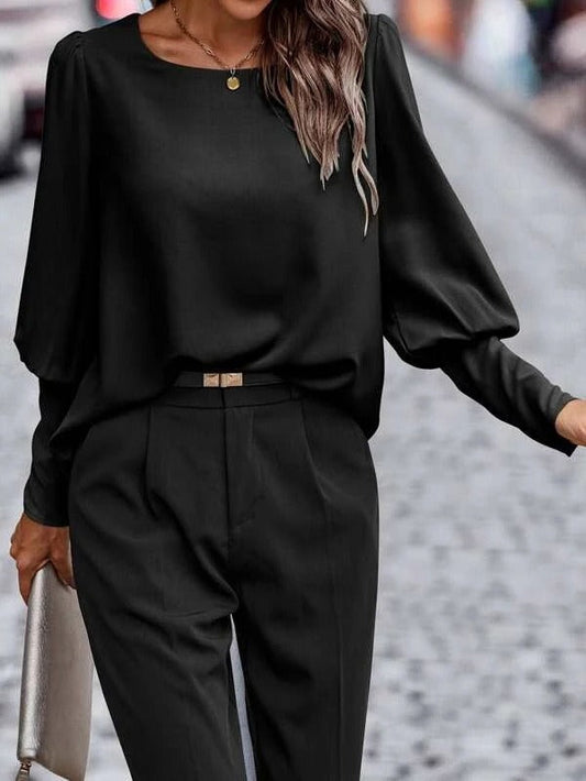 Women’s Blouse – Satin Finish – Relaxed Fit – Puff Sleeve – Button Front – Hip Length