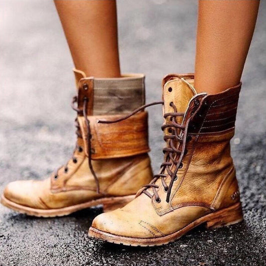 Women’s Ankle Boots – Leather Look – Lace-Up – Fold-Over Cuff – Rugged Sole