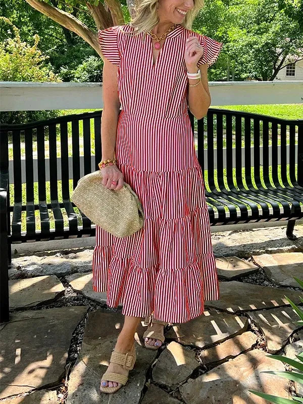 Women’s Midi Dress – Relaxed Fit – Striped – V-Neck – Cotton – Tiered Skirt – Ruffle Sleeves