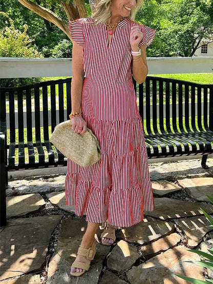 Women’s Midi Dress – Relaxed Fit – Striped – V-Neck – Cotton – Tiered Skirt – Ruffle Sleeves