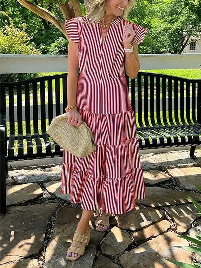 Women’s Midi Dress – Relaxed Fit – Striped – V-Neck – Cotton – Tiered Skirt – Ruffle Sleeves